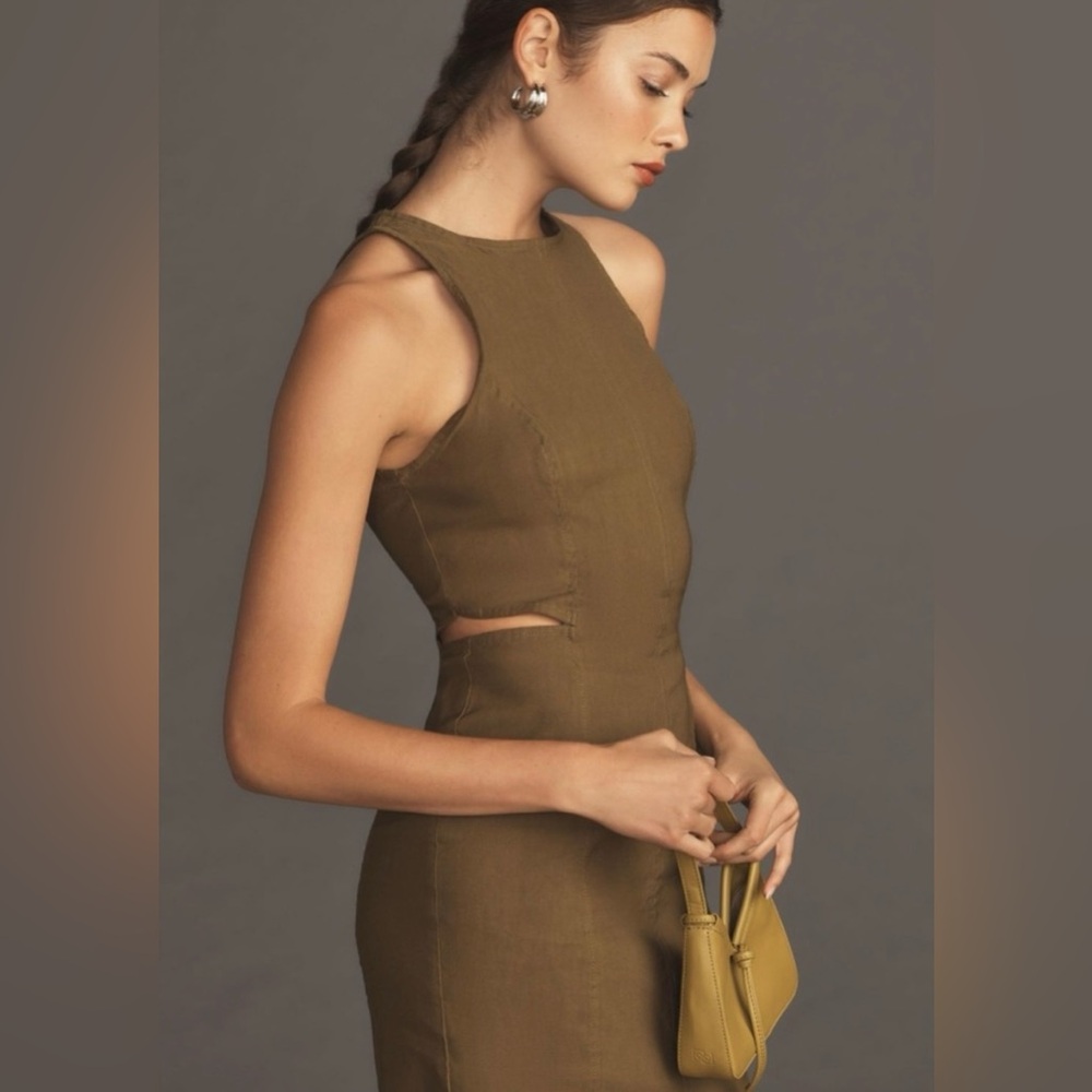 NWT BY ANTHROPOLOGIE SLEEVELESS CUTOUT SLIM MIDI DRESS OLIVE GREEN - Picture 4 of 8